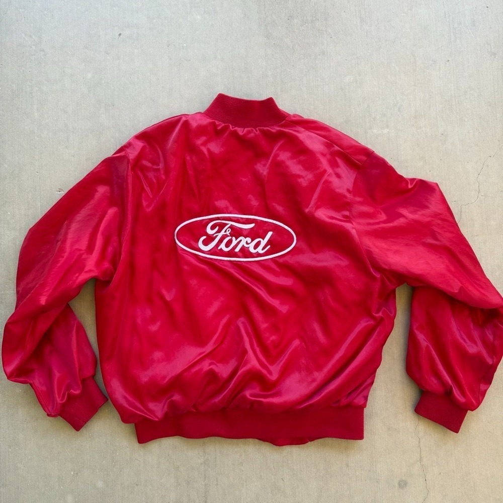 Vintage Ford Jacket Red Satin Bomber Embroidered Logo Racing 80s 90s Snap Front